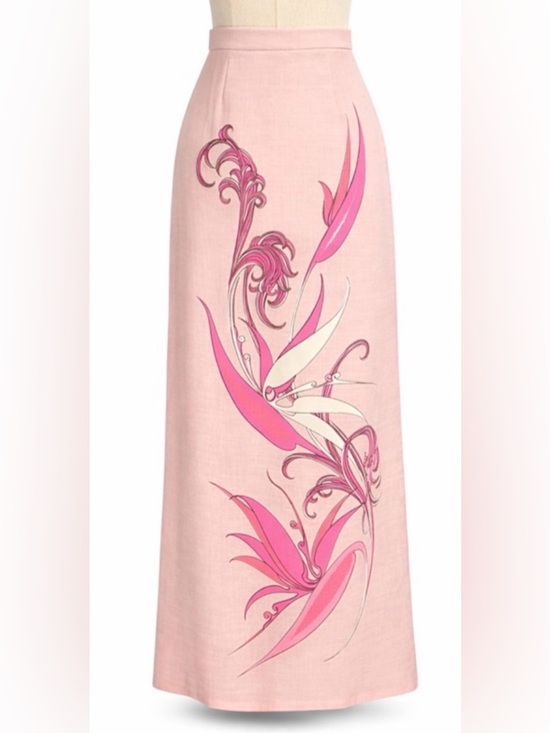 Vintage Dresses & Skirts - Vintage pink mid century maxi skirt- painted floral design- XS